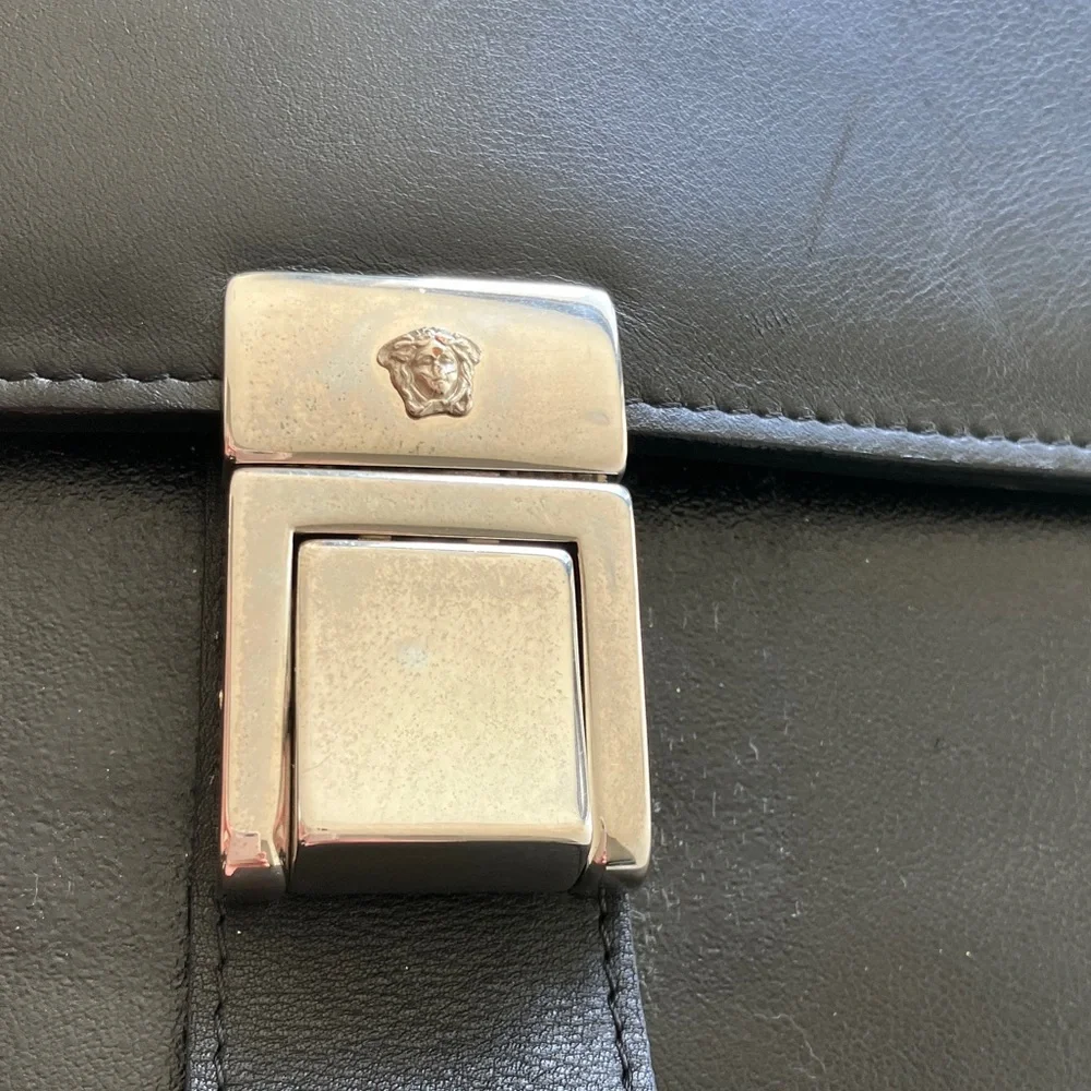 VERSACE La Medusa Black Leather Small Travel Bag w/ Silver Logo Clasp GUC
